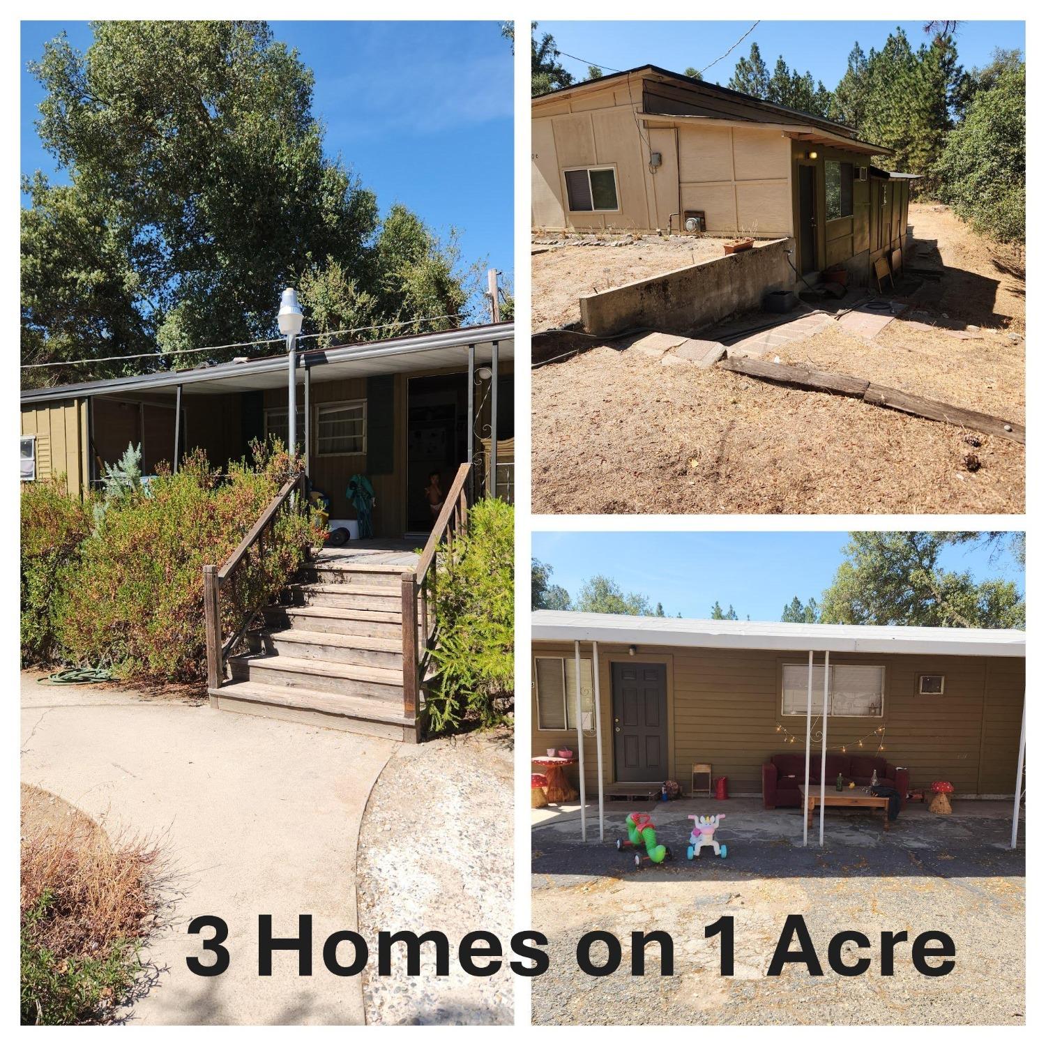 Investment opportunity in Oakhurst at a great price! Three separate residential units on 1 acre close to town. This is zoned CRM (Commercial Rural Median District) so there are lots of possibilities here. You could potentially run your business here, live here and have income property. Unit A is a manufactured home that is 3 bedrooms, 1 bath. Unit B is a 1 bedroom, 1 bath and unit C is a 2 bedroom, 1 bath. Units B & C have updated flooring and paint. All 3 homes had roof replacement in 2022. All 3 homes share a private well and each have their own septic system. Check out the potential! Please do not disturb occupants.