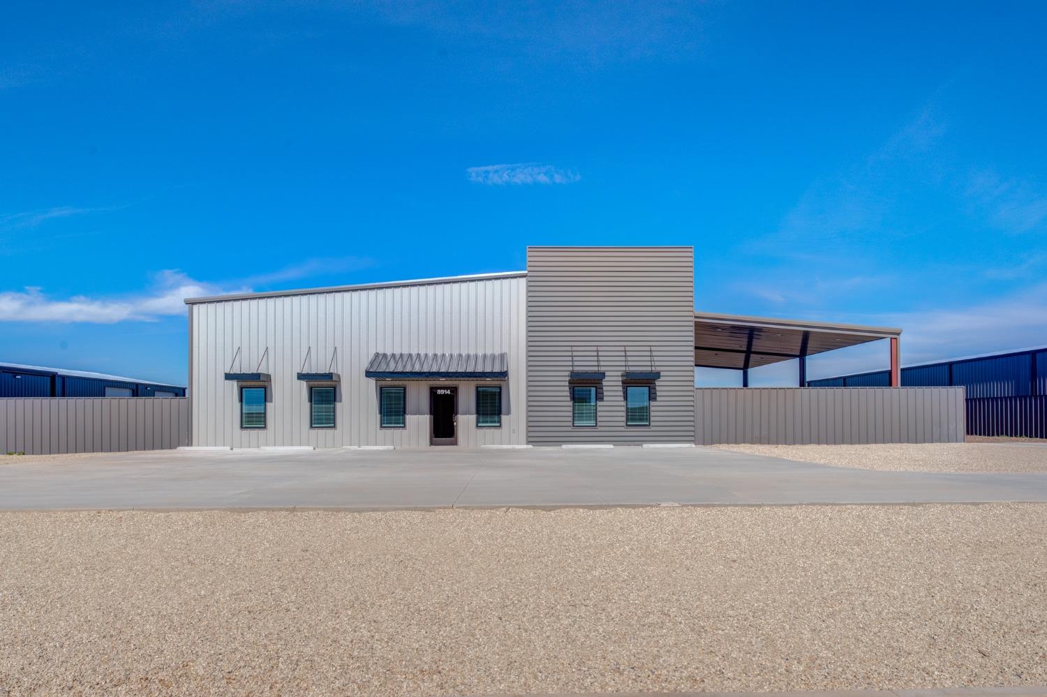 9,000 sq ft new construction steel building on a 1 acre lot in Inler Business Park. 1,812 sq ft foot of office with 7,188 sq ft of warehouse. The office space features 6 offices, a reception area, kitchen/break room, a bathroom, vinyl plank floors, and granite countertops. The warehouse is foam insulated, has two 14' overhead doors, its own restroom, and 16' ft sidewalls. The front parking will be asphalt and there will be a 7' metal fence surrounding the crushed concrete stack yard. Located out of the city limits this building has its own well and septic with SPEC electricity. Also has Atmos natural gas with gas furnace.